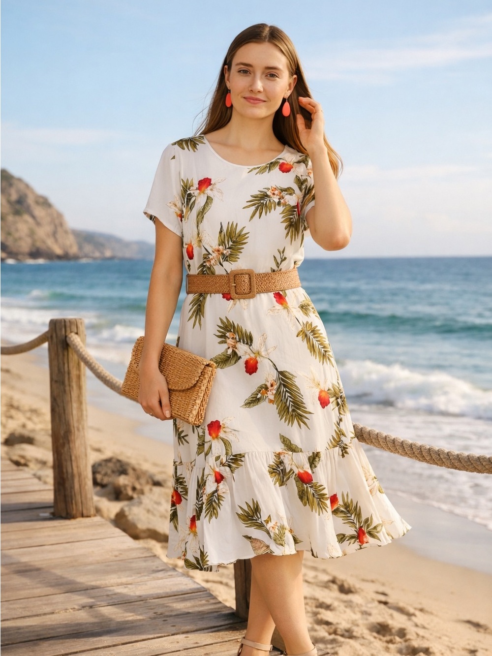 Two Palms Hawaiian Floral Flounced Hibiscus Plumaria Print Scoop Neck Dress